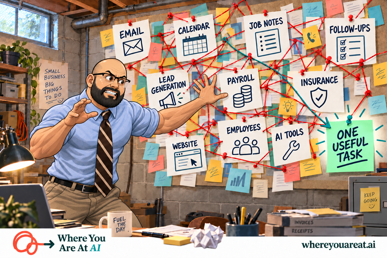 Illustrated Joe in a basement office, juggling lead generation, payroll, insurance, employees and other tasks on a tangled board. One teal path leads to one useful task.